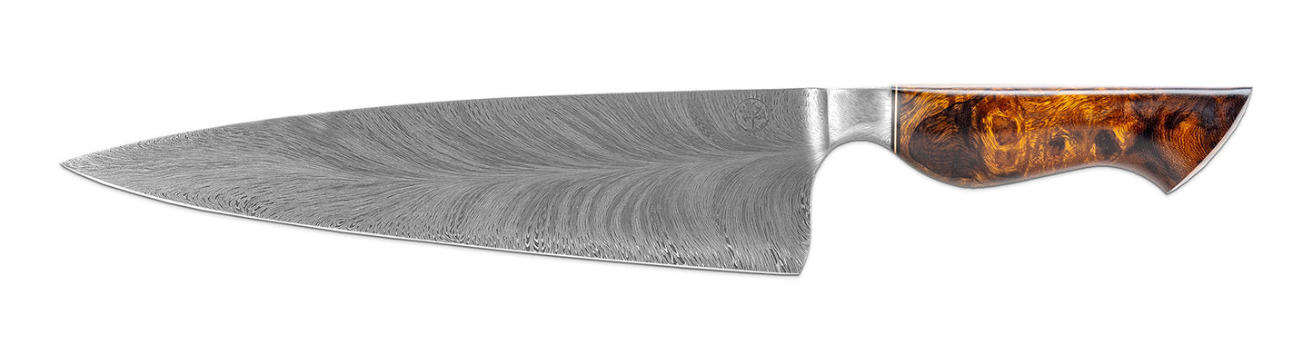 Apple Valley Forge - Custom Integral Feather Damascus Chef Knife w/ Ironwood Handle