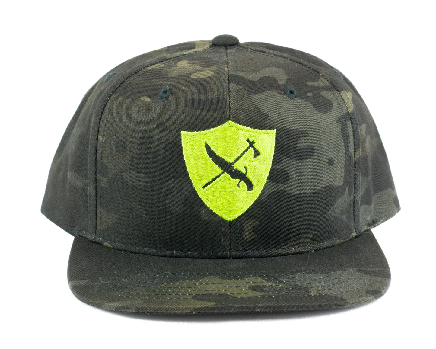 Black Multicam Flat Brim Hat - Lime MMTS Shield